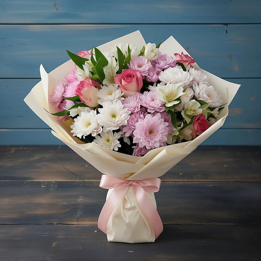 Букет цветов из: Хризантемы, Альстромерии и Розы в Развилке